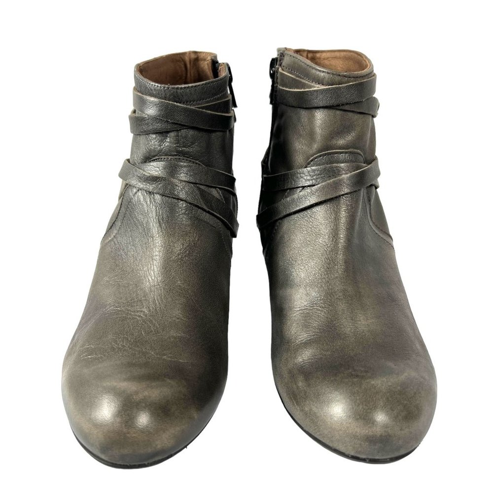 Miz Mooz Fiji Strappy Leather Ankle Bootie in Steel Grey Side Zip Size 10